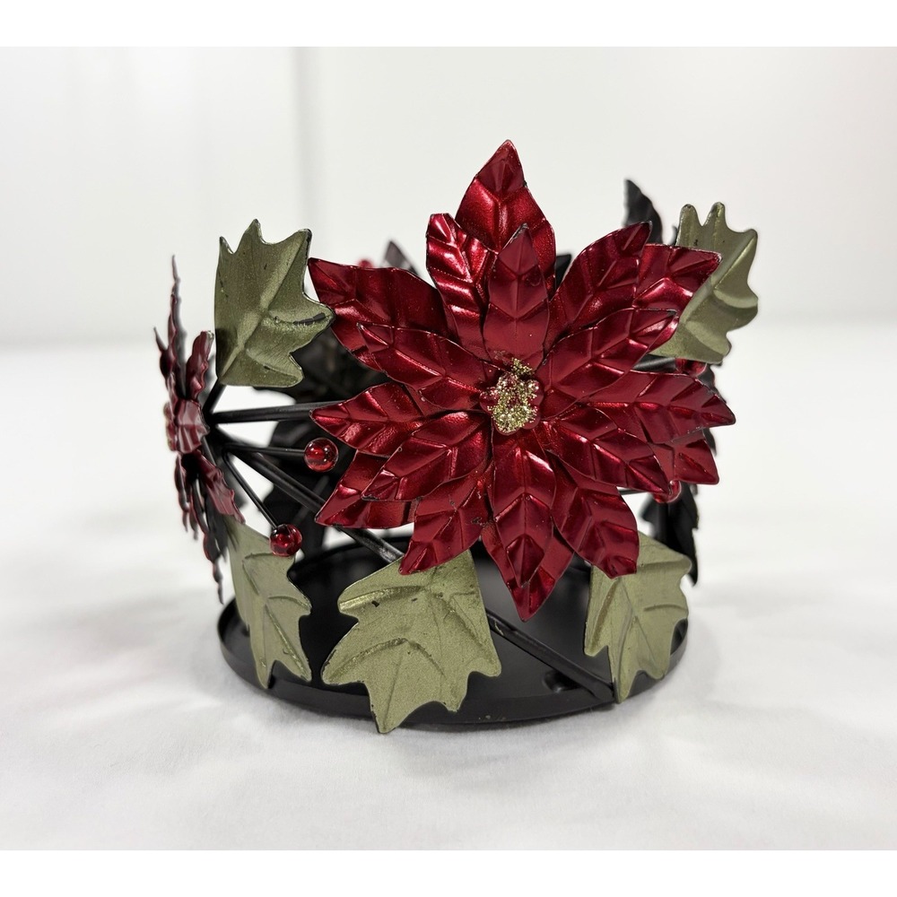 Sonoma Christmas Red Poinsettia Metal 3" Pillar Jar Candle Ring Holder Decor